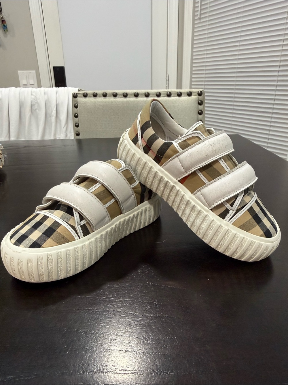 Burberry Beige Black Nova Check Kids Sneakers with White Straps